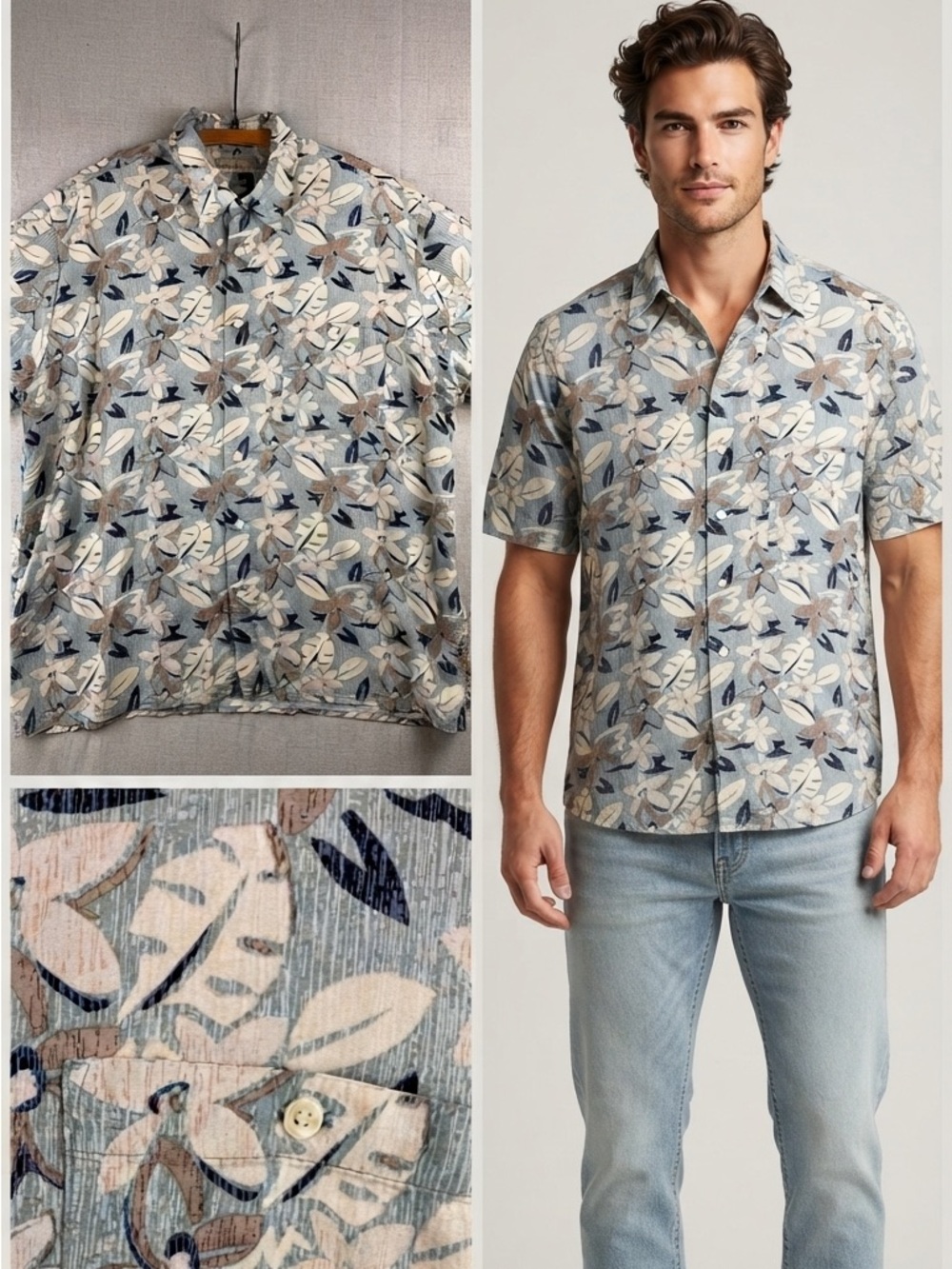 Munsingwear Hawaiian Shirt Mens Blue Sage Tan Lightweight Aloha Comfort L Camp